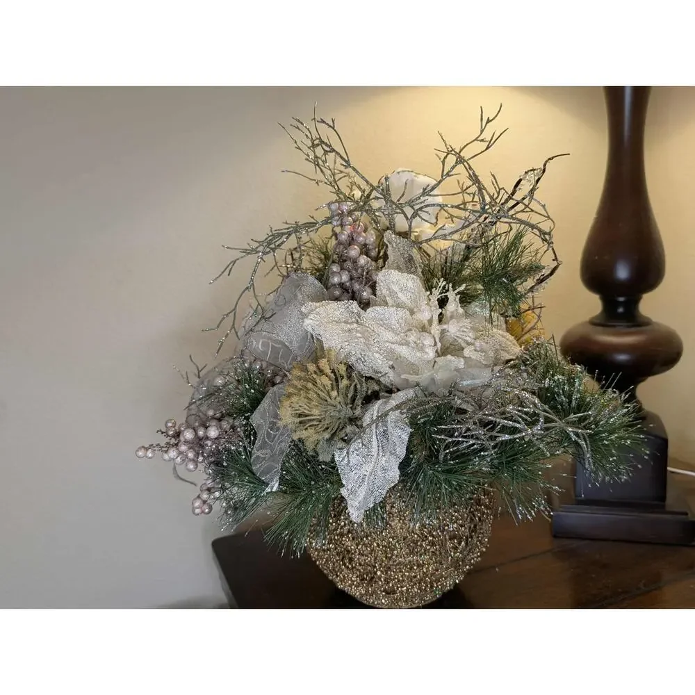 Christmas Fall Floral Arrangement Dining Home Centerpiece Gold Beaded Silver